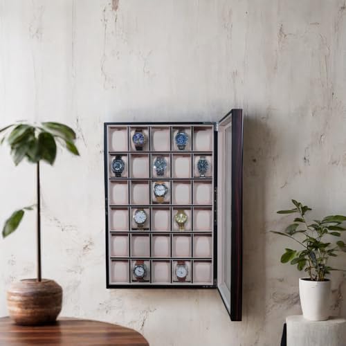 TIMELYBUYS 30 Piece Ebony Wood Watch Display Wall Hanging Case and Storage Organizer Box and Stand Father's Day Gift - Image 3