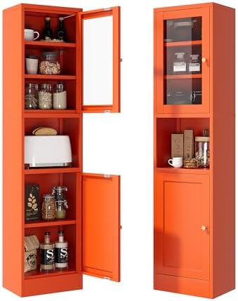 Slim Pantry Cabinet with Hutch, 67" Tall Narrow Storage Cabinets for Small Space,Narrow Metal Corner Cabinet with 3 Adjustable Shelves, Freestanding Tall Bathroom Cabinet for Entryway, Living Room by BevivogStylishCabinetsOrganizeYourSpace