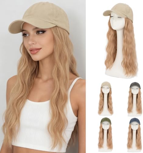 Rich Choices Hat Wigs for Women,Khaki Baseball Cap with Hair Extensions for Women,Caps with Wavy Curly Synthetic Long Hair Attached Adjustable Baseball Cap Wig 18 Inch Light Blonde Hair by RichChoices