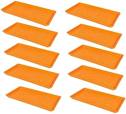 SUNPACK 10" x 20" Heavy Duty Shallow Plastic Seed Starting Tray, Orange, 1" (Pack of 10) - Lined with Drainage Holes for Excess Water and Aeration, Ideal for Greenhouses or Indoor Gardening by SUNPACK