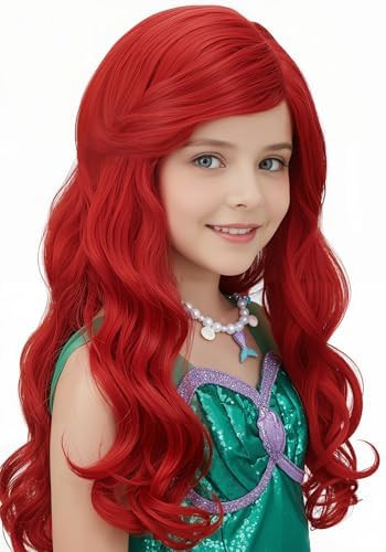 Red Mermaid Wig for Kids Girls Red Long Curly Wig Halloween Cosplay Wigs (Dark Red) - Image 2