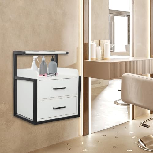 Wall Mount Styling Station,Salon Storage Station Cabinet with Drawers,Beauty Barber Salon Storage Organizer 2 Hair Dryer Holders for Hair Stylist,Barber Shop,Home (White,Black) by WUPYI