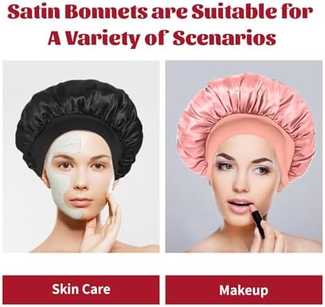ZHENSILK 2Pcs Silk Bonnet for Sleeping, Satin Hair Bonnets, Soft Elastic Band Silk Sleep Cap, Hair Wrap for Women(Black Pink) - Image 4