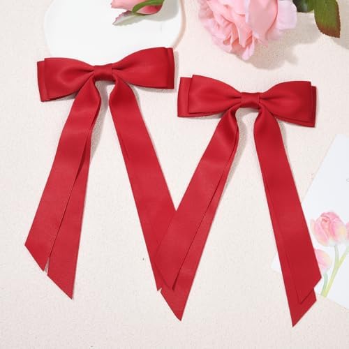 2PCS Silky Satin Hair Bows Hair Clip Red Hair Ribbon Ponytail Holder Accessories Slides Metal Clips Hair Bow for Women Girls Toddlers Teens Kids - Image 2