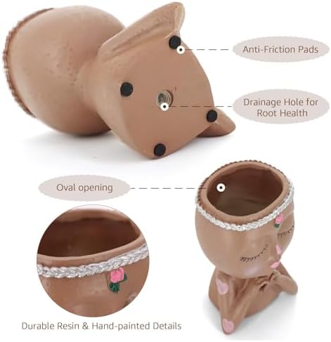 Face Planter Pot with Heart Hands Indoor Plants Resin Head Planter, Brown - Image 3