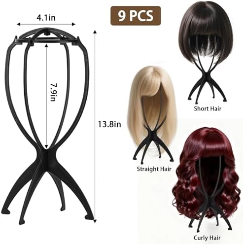 Tecbeauty 9 Pcs Wig Stand, Portable Wig Holder Wig Head Stand for Women Multiple Wigs (Black) - Image 2