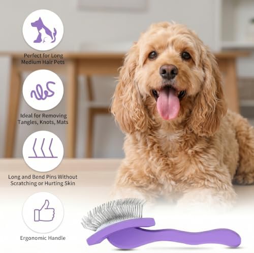 Long Pin Slicker Brush & Dog Comb Set for Doodles Grooming, Purple - Image 2