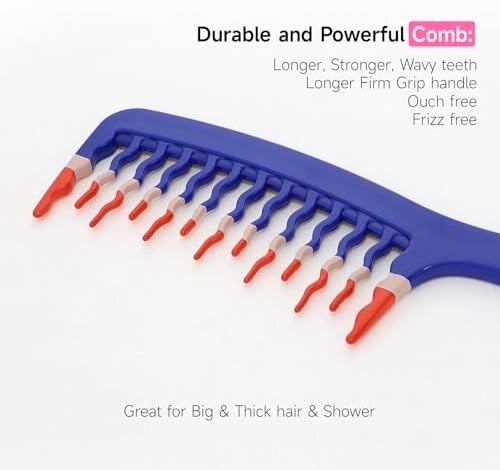 Extra Large Wide Tooth Shower Detangler Curve Comb for Thick, Curly, Wavy & Natural Hair - Pain-Free Knot Removal, Anti-Static, Frizz-Free, Ergonomic Handle & Easy Hanging - Blue with Scrunchie - Image 2