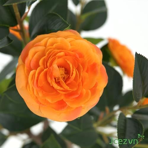 2 Pack Artificial Camellia Tree with White Pot, 38" Faux Potted Plants for Indoor Outdoor Decor, Tall Silk Greenery Plant for Home Offce Living Room Balcony,White, Orange - Image 2