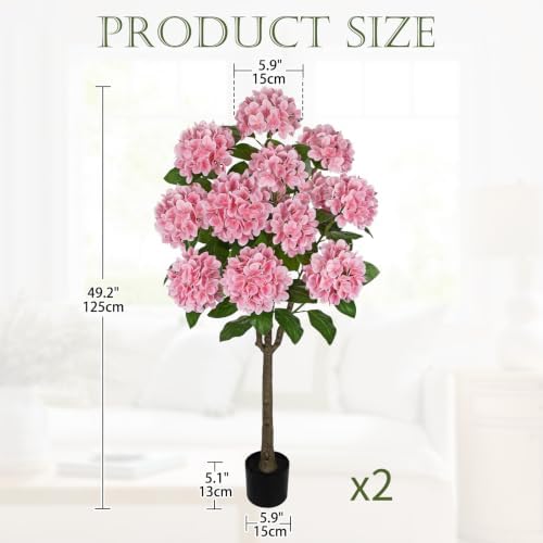 4FT Pink Hydrangea Artificial Flowers Tree 2 Pack Faux Hydrangea Potted - Image 2