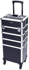 mefeir 4 in 1 Rolling Makeup Train Case, Aluminum Makeup Travel Organizer Cosmetic Case, Cosmetology Display Suitcase on Wheels, Beauty Storage Luggage Lockable w/4 Removable Wheels (Black) by OmySalon