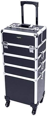 mefeir 4 in 1 Rolling Makeup Train Case, Aluminum Makeup Travel Organizer Cosmetic Case, Cosmetology Display Suitcase on Wheels, Beauty Storage Luggage Lockable w/4 Removable Wheels (Black) by OmySalon