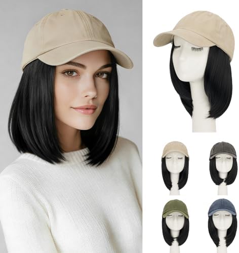 Rich Choices Hat Wigs for Women,Khaki Baseball Cap with Hair Extensions for Women,Short Bob Hairstyle Caps with Straight Synthetic Hair Attached Adjustable Baseball Cap Wig 6 Inch Black Hair by RichChoices
