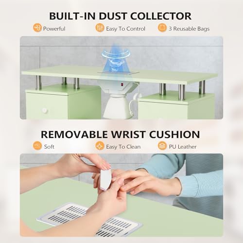 OmySalon Nail Desk and Chair Set, Manicure Table with Dust Collector, Arm Rest, 8 Wheels, Acetone Resistant Desktop, Drawers & Cabinet Storage for Makeup Beauty Salon (Mint Green) - Image 4