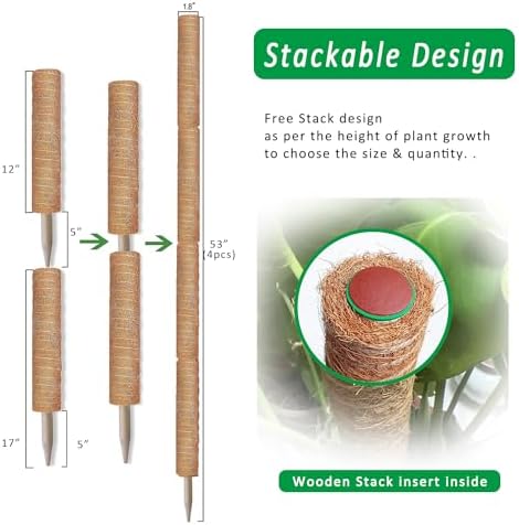 Moss Pole, 4 Pack 17Inch Monstera Plant Support for Climbing Plants Accessories Indoor -Stackable Moss Poles Plant Support Stakes -Coir Plant Pole Sticks for Potted Plants -Pothos, Tall Plant Trellis - Image 2