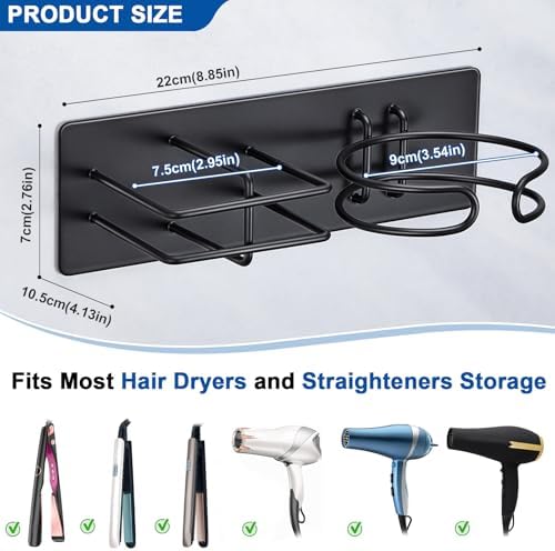 Hair Dryer and Straightener Holder Wall Mounted, Self Adhesive Blow Dryer and Flat Iron Storage Hair Tool Organizer for Bathroom Vanity (Black) - Image 2