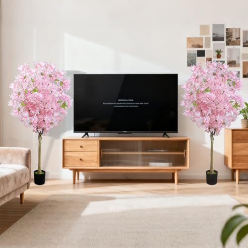 2 Pack Artificial Cherry Blossom Tree,4FT Faux Cherry Blossom Plant in Pot with Pink Flowers,Artificial Silk Plants for Indoor Outdoor Decor,Front,Living Room,Office,Patio - Image 6