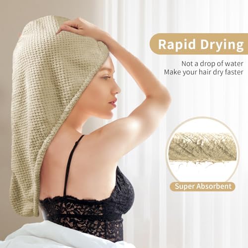 my novel things 3 Pack Microfiber Hair Towel Wrap for Women 25.4" x 9.8", Super Absorbent Quick Dry Towels with Button for Curly Wet Hair Anti Frizz (Camel,Green,Gray) - Image 6