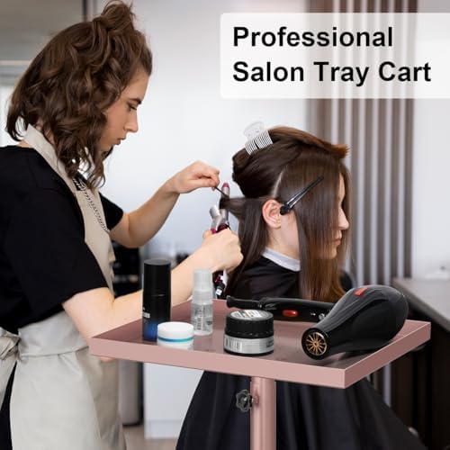 Salon Tray Cart, Tattoo Tray Rolling Tray Adjustable Height, Pink Storage Tray Cart, Hair Stylist Tray Cart Service Tray Trolley for Home Salon Clinic Spa (Rose Gold) - Image 5