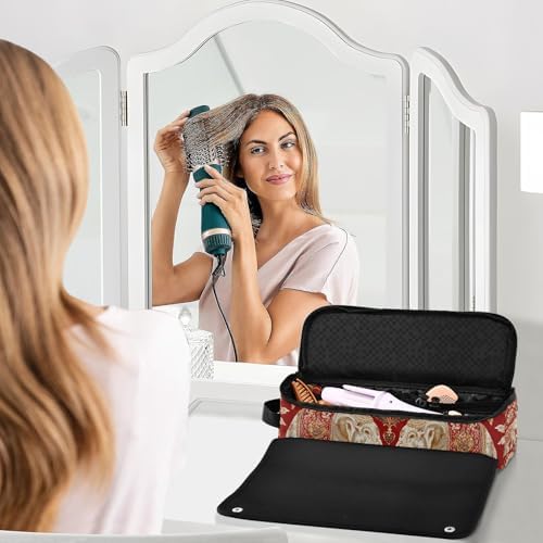 Hair Tools Travel Bag with Heat Resistant Mat Detachable 2-in-1 Curling Iron Travel Case Hot Tools Organizer for Straightener Flat Iron Red Retro Elephant Flowers - Image 6