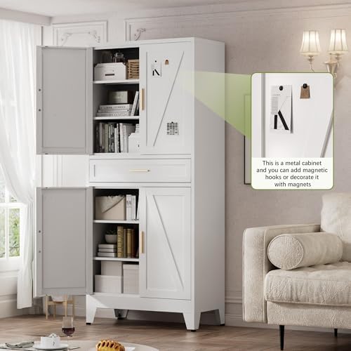 COFaR 71" Tall Kitchen Pantry, Farmhouse Storage Cabinet with Doors and Shelves, Metal Cabinet with Drawers and Legs, for Cupboard/Dining Room/Bathroom/Living Room/Office/Laundry Room (White). - Image 2