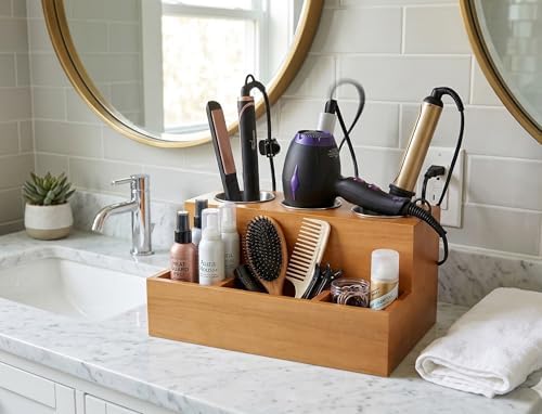 Hair Tools Organizer - Wood Tan - Blow Dryer, Straightener, Curling Wand, Brushes Holder - Vanity & Bathroom Storage - Wall Mount or Sit on Counter - Image 4