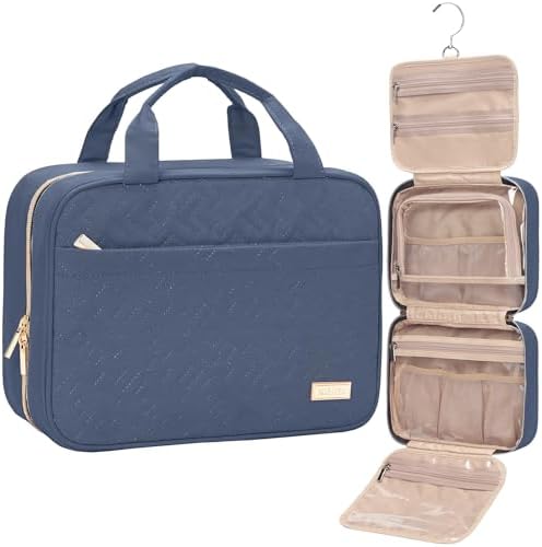 NISHEL Travel Toiletry Bag for women, Portable Hanging Organizer for Travel-Sized Shampoo, Conditioner, Brushes Set, Makeup Accessories, Medium Size, Aegean-Blue by NISHEL