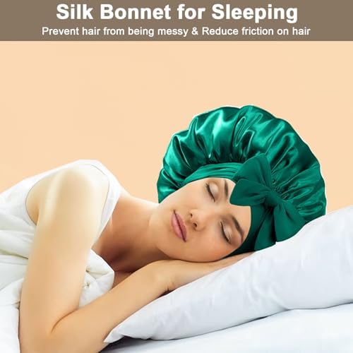 2Pcs Silk Hair Satin Bonnet for Sleeping Women,Large Satin Sleep Bonnets for Women with Elastic Tie Band Silk Hair Wrap with Ajustable Straps,Night Sleep Cap for Curly Braids,Black+Green - Image 5