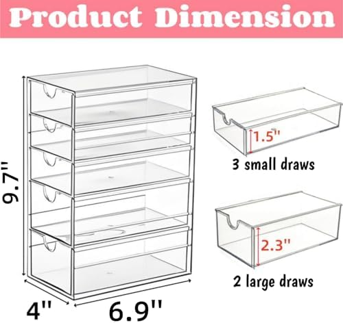 Hair Accessory Organizer, Plastic Clear Hair Tie Storage Box with 5 Drawers, Hair Accessories Container Makeup Organizer Jewelry Holder for Bathroom, Closet Desk, Office (Pack of 2) - Image 3