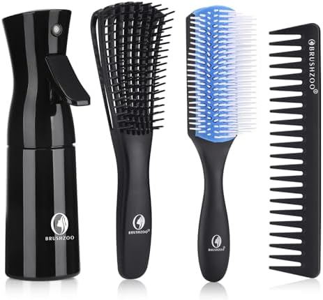 Hair Brush Set, Detangler Brush for Natural 3/4abc Curly Hair, Hair Brushes for Women Men Kids Detangling Styling with Spray Bottle (Blue) by Brushzoo