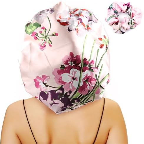 Large Round Satin Bonnet for Sleeping, Double-Layer Elastic Hair Bonnet with Silky Tie Band for Women Braids/Curly/Long Hair - Pink Floral by senthair