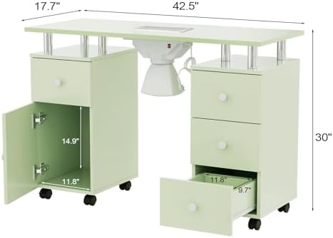 OmySalon Manicure Table Nail Desk for Nail Tech, Nail Table Station w/Electric Dust Collector, Makeup Beauty Salon Storage Acetone Resistant w/Lockable Wheels,Wrist Cushion,4 Drawers&Cabinet(Green) - Image 7