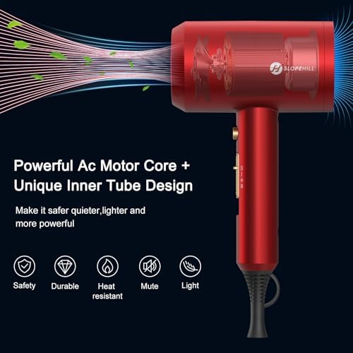 Slopehill Professional Ionic Hair Dryer, Powerful 1800W Fast Drying Low Noise Blow Dryer with 2 Concentrator Nozzle 1 Diffuser Attachments for Home Salon Travel (Agate Red) - Image 2