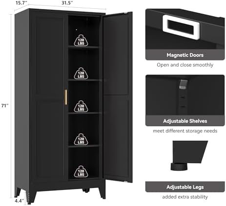 YAUWOH 71''Metal Cabinet with 4 Adjustable Shelves,5-Tier Pantry Storage Cabinet,Kitchen Pantry Cabinet for Living Room,Dining Room, (1PC,Black) - Image 3