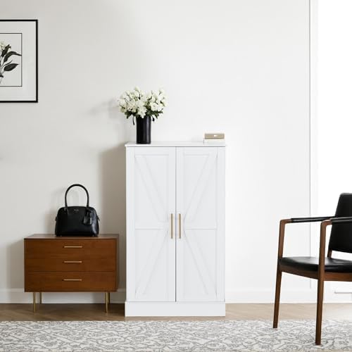 BarberPub Barn Door Salon Cabinet, Gold Handles Adjustable Shelf White 2024 - Image 2
