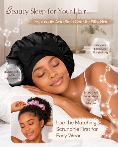 BONNET QUEEN Silk Bonnet for Sleeping Women HYALURONIC Acid Reversible Double Layer Satin Bonnet Night Sleep Cap Wrap for Curly Hair with Adjustable Tie Band & Scrunchie, Black & Rose Gold - Image 2