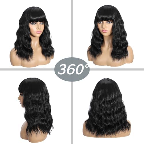 Sebast Pastel Bob Wigs with Bangs for Women Loose Wavy Wig Pastel Wavy Shoulder Length Bob Synthetic Cosplay Wig for Girl Colorful Costume Wigs (Black) - Image 4