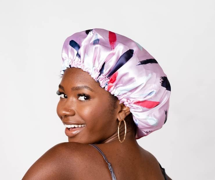 Glow By Daye Satin Bonnet, Double-Layered and Adjustable Satin Sleep Cap, Extra Large, Reversible Free Spirit Pink Brushstrokes - Image 4