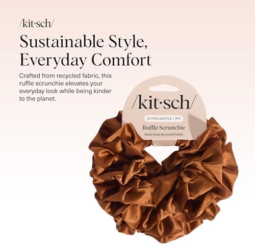 Kitsch Ruffle Satin Scrunchies For Women - Gentle Hair Tie - Camel, 1pc - Image 2