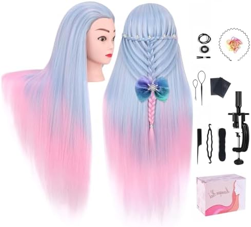 Mannequin Head, TopDirect 29'' Hair with Synthetic Manikin Head Practice Cosmetology Doll Styling Hairdressing Training Braiding Clamp Holder & Tools for Kids Girls, Blue & Pink by TopDirect
