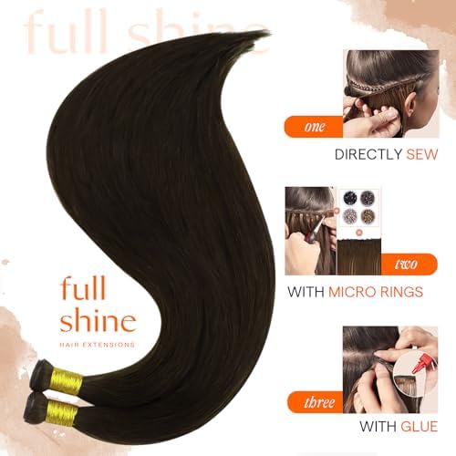 Full Shine Hand Tied Weft Extensions Human Hair Dark Brown 22 Inch 80g - Image 3