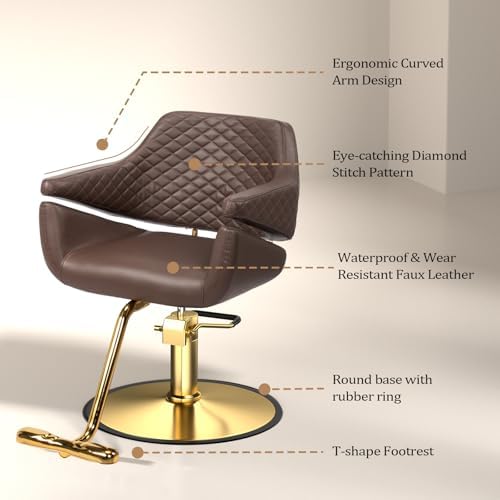 OmySalon Barber Chairs for Barbershop Dark Brown and Gold Styling Chair, Salon Chair for Hair Stylist Heavy Duty Hydraulic Pump, 360°Swivel with Footrest, Hairdressing Beauty Spa Braiding Equipment - Image 6