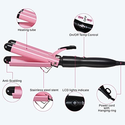 TOP4EVER 3 Barrel Curling Iron, 1 inch Crimper Hair Tool,Crimping Waver for Women Beach Waves with Two Temperature Settings, Pink (Pack of 2) - Image 3