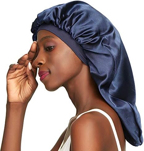 Double Layer Satin Bonnet for Curly Hair Long Bonnet for Braids Medium Navy - Image 4