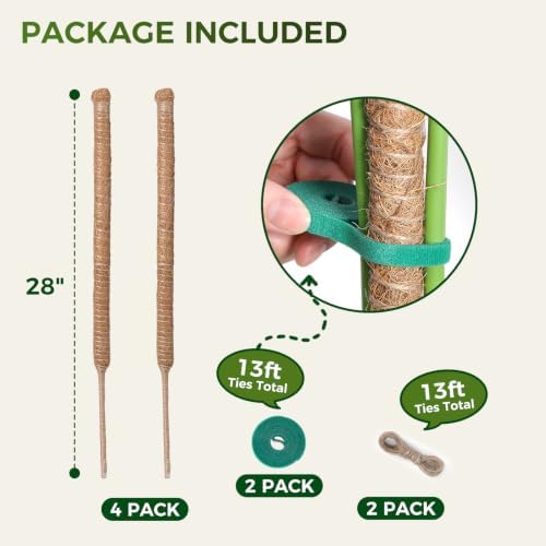 4 Pack 28'' Moss Pole Monstera Plant Support, Bendable Plant Stakes Made of Real Coco Coir Support for Climbing Indoor Plants, Tall Moss Stick Trellis for Potted Climbers - Image 2