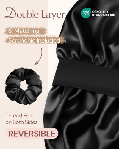 BONNET QUEEN Silk Bonnet for Sleeping Women HYALURONIC Acid Double Layer Satin Lined Bonnet Night Sleep Cap Wrap for Curly Hair with Adjustable Tie Band & Scrunchie, Black - Image 4