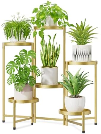 6 Tier Large Plant Stand Indoor Outdoor, 10 In Wide Tray, Gold by iDavosicly