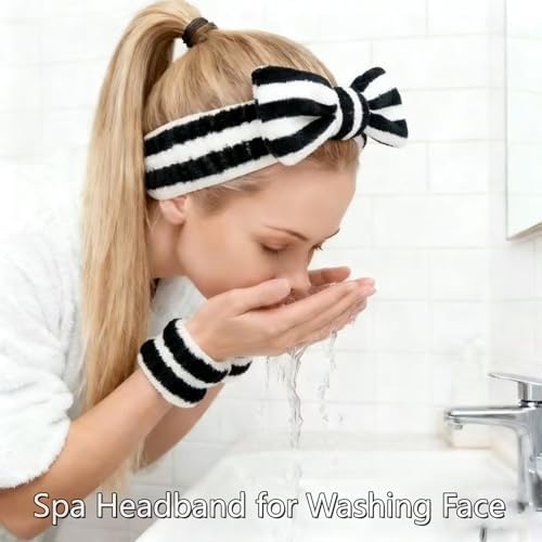 7 Pcs Spa Set, Facial Headband and Wristband Set, Skincare Accessories, College Style Girl Gift, Hair Accessories for Women and Girls（Black White Stripe ） - Image 4
