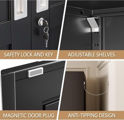 47" Metal Garage Storage Locker Cabinet with Wheels,Rolling Black Kitchen Pantry Cabinet with 2 Doors and 3 Adjustable Shelves, Steel File Tool Cabinet for Home Office Living Dinning Room Warehouse - Image 4