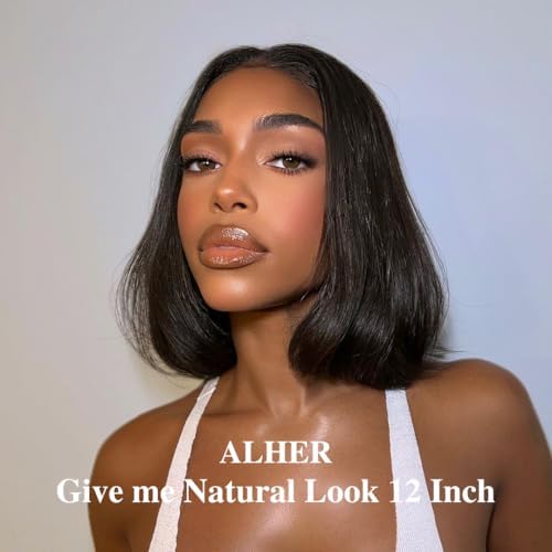ALHER Short Bob Wig Human Hair Small Cap Lace Front Wigs Straight, 13X4 Transparent Lace Frontal Wigs 180% Density for Women, Natural Color, Cap Size 21-21.5 12 Inch - Image 2
